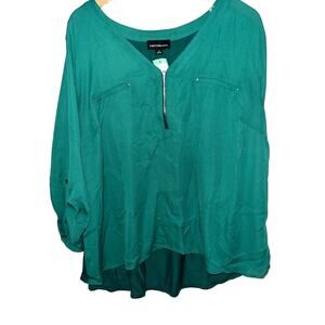 NWT Fortune Ivy Stitch Fix Green Quarter Zip Tab Sleeve Blouse Office Career 1X